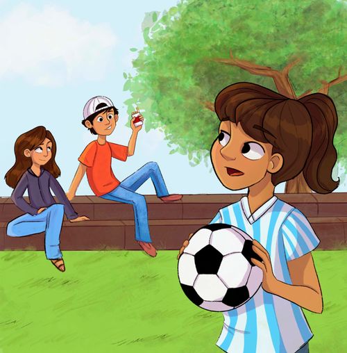 girl holding a soccer ball and talking to other kids