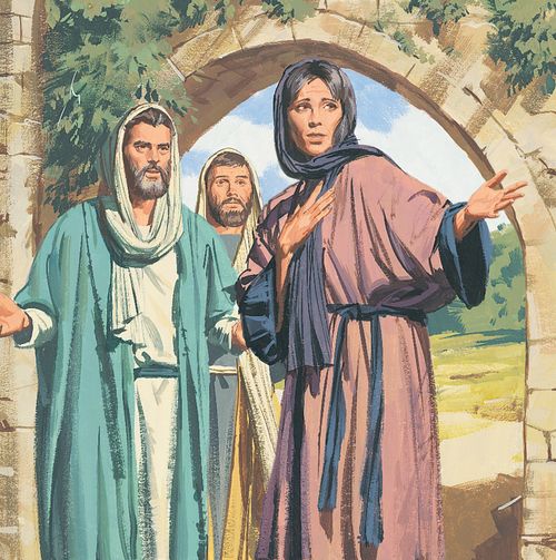 An illustration by Paul Mann showing Mary Magdalene in a purple robe, standing in an archway, telling Peter and John that the Savior’s body is gone.