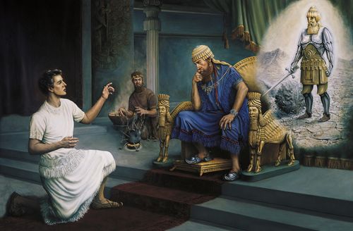 The Old Testament prophet Daniel kneeling before King Nebuchadnezzar and the king's idolatrous priest. Daniel is interpreting the king's dream of the kingdoms of the world. A portrayal of the dream is depicted beside the king.