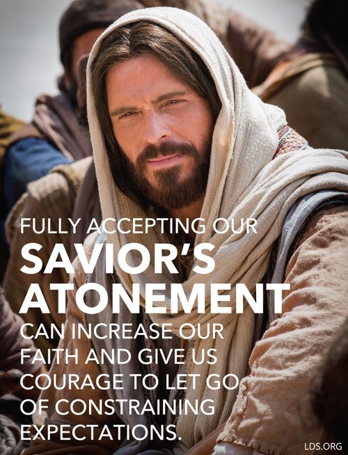 An image of Jesus Christ combined with a quote from Elder Gerrit W. Gong: “Fully accepting our Savior’s Atonement can increase our faith.”