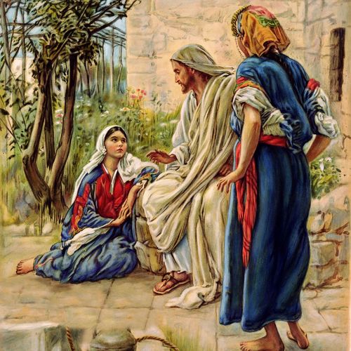 Jesus unterhält sich mit Maria und Marta
