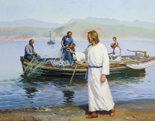 Christ (in white robes) walking along a seashore. He is beckoning to Peter and Andrew (who are on a fishing boat with other fishermen) to follow Him. The painting depicts Christ's calling of Peter and Andrew to follow Him as they would later be ordained as His Apostles.