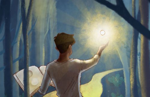 young man holding a book, while a ball of light hovers in front of him