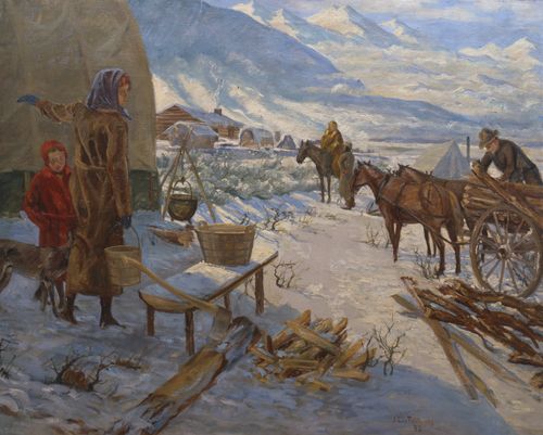 A painting by Jonathan Leo Fairbanks showing a woman carrying a bucket with a young boy at her side and a man unloading wood from a wagon in the middle of winter.