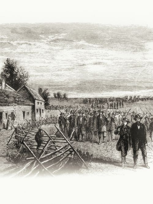 engraving of groups of men marching past log homes with people watching them