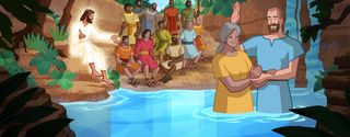 Jesus Christ teaches, a disciple baptizes someone, and the other disciples listen and watch