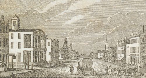 engraving of view of street with buildings