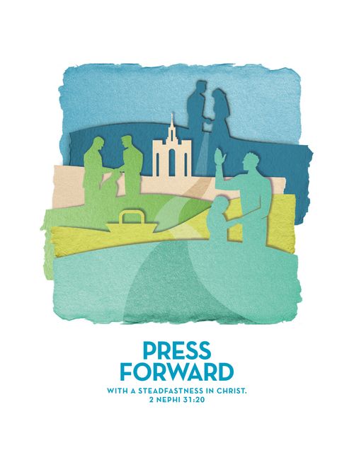 A graphic showing a person being baptized, a person being confirmed, and a couple getting married, with the words “Press forward.”