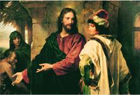 Jesus Christ depicted in red and black robes. Christ is talking to a rich young man. Christ has His arms extended as He gestures toward a poorly dressed man and woman. The painting depicts the event wherein Christ was approached by a young man who inquired of Christ what he should do to gain eternal life. Christ instructed him to obey the commandments and to give his wealth to the poor and follow Him. The young man was unable to part with his wealth and went away sorrowfully. (Matthew 19:16-26) (Mark 10:17-27) (Luke 18:18-27)