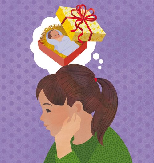 girl thinking of gift box with baby Jesus
