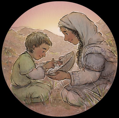 mom and son gathering food in bowl