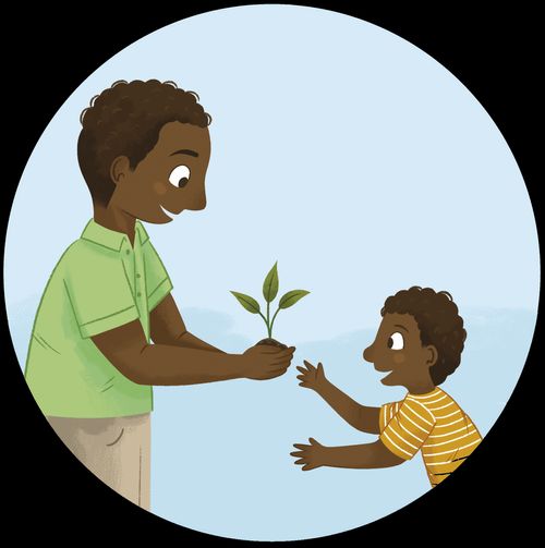 dad handing boy a small plant