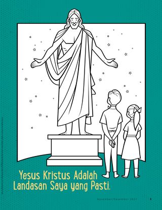 coloring page of two children looking at statue of Jesus