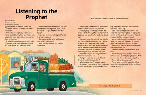 Story PDF with image of a boy looking out his window at a truck carrying fruits and vegetables