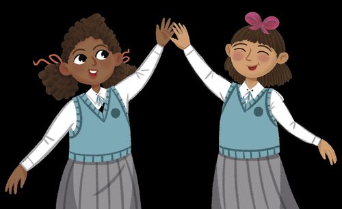 "1. 3 girls (about age 10) peeking around a corner. Ethnicity  represented, Caucasian, African American, and East Asian. 2. Stars for title treatment. 3. A teacher seeing a data-poster the girls have made. Stars and smiley faces and handwritten notes.  4. Spot illustration of Rylie and friend high-fiving."