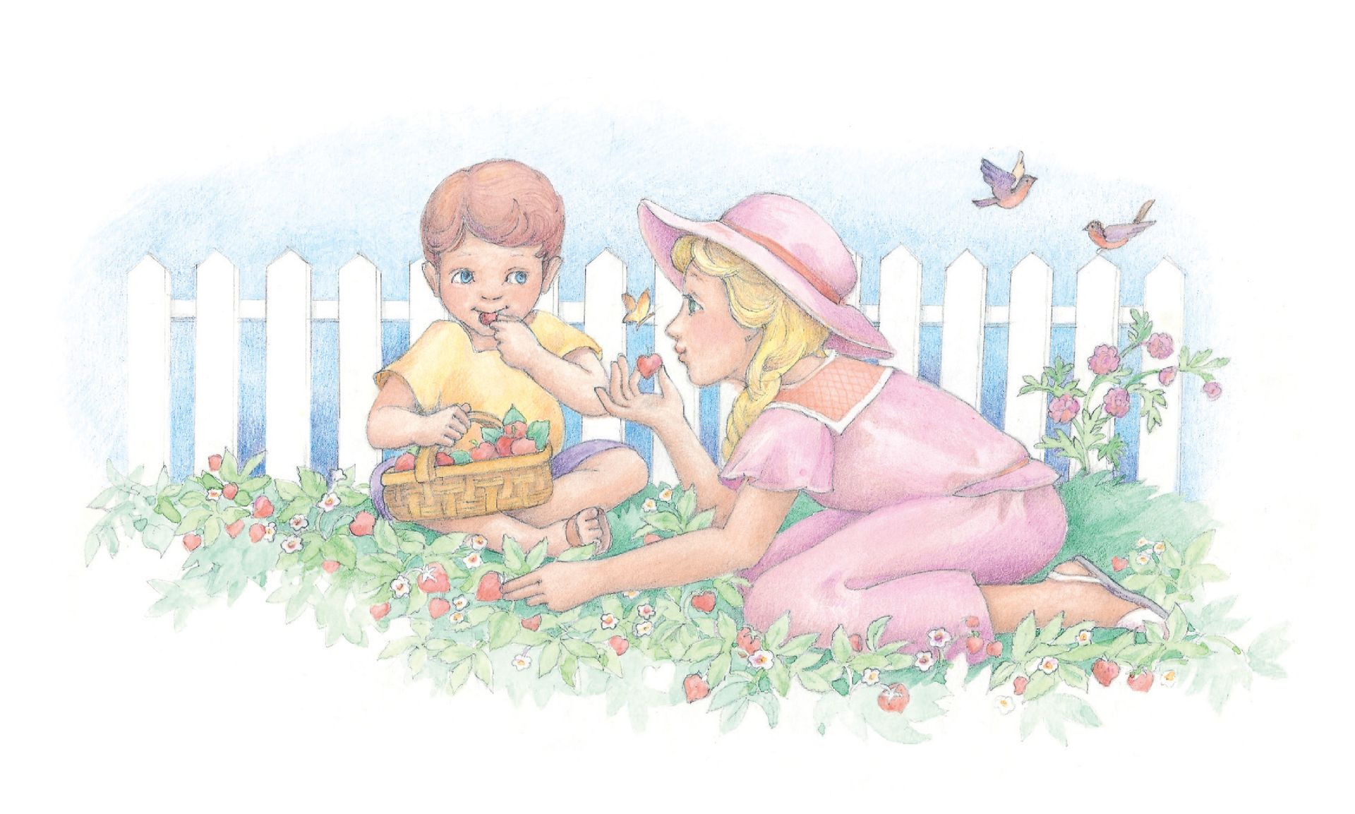Two children eating strawberries in a garden. From the Children’s Songbook, page 24, “Thank Thee, Father”; watercolor illustration by Phyllis Luch.