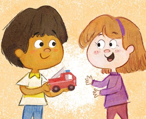 Um menino a partilhar um camião de brincar com uma menina