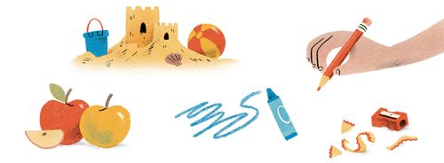 Spot illustrations down the right hand side of the image. 1. A sand castle with sand toys (Bucket and ball). 2. Apples. 3. A blue crayon.  4. A hand drawing with a pencil. 5. A pencil sharpener. 6. On the left hand side of the image is a stamped envelope.