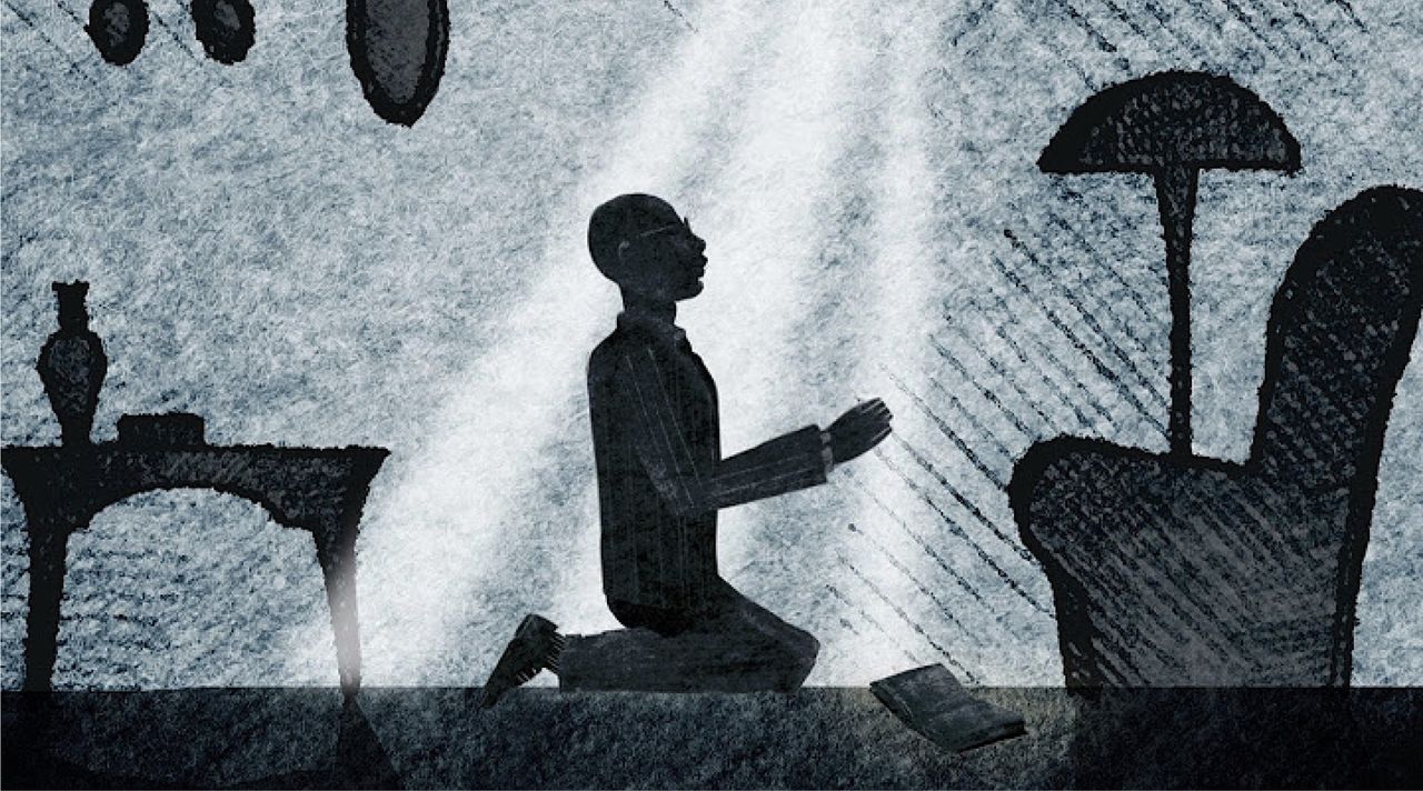 An illustration of a man kneeling in prayer in his living room