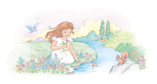 A watercolor illustration of a girl with brown hair kneeling beside a stream while smelling a rose.