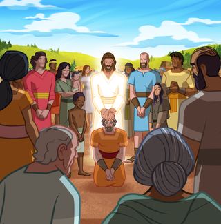 Jesus Christ places His hands on a disciple’s head and blesses him, and people stand around them and pray