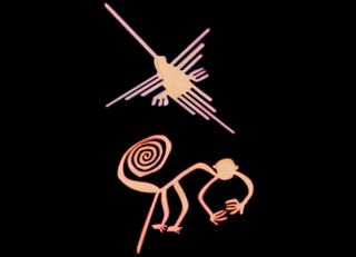 Stylized Nazca art of a bird and a monkey