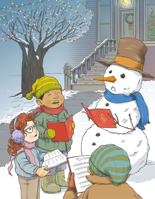 An illustration of two boys and a girl in winter clothes holding music and singing Christmas carols next to a snowman.