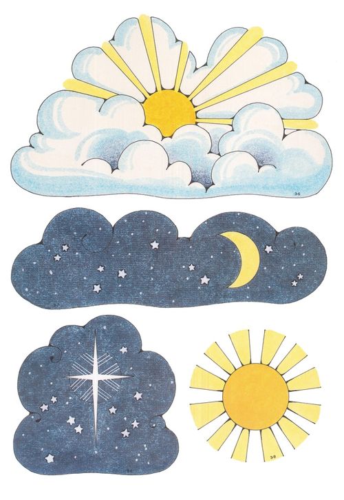 Primary cutouts of a sun shining through clouds, a moon surrounded by stars, the bright star seen in Bethlehem, and a yellow sun with an orange center.