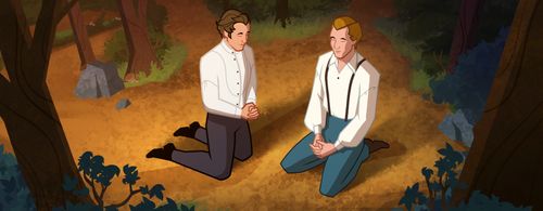 Joseph Smith and Oliver Cowdery in the woods, kneeling in prayer.