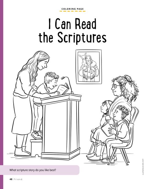 Coloring page of a boy reading a scripture in Primary