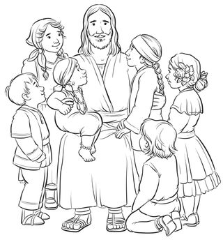 coloring page of Jesus surrounded by children