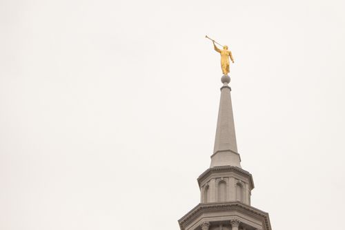 A view of the spire and the Angel Moroni on the Philadelphia Pennsylvania Temple.
