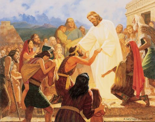 Jesus Christ in the Americas, placing His hands on the heads of the injured to heal them while the multitude gathers around.