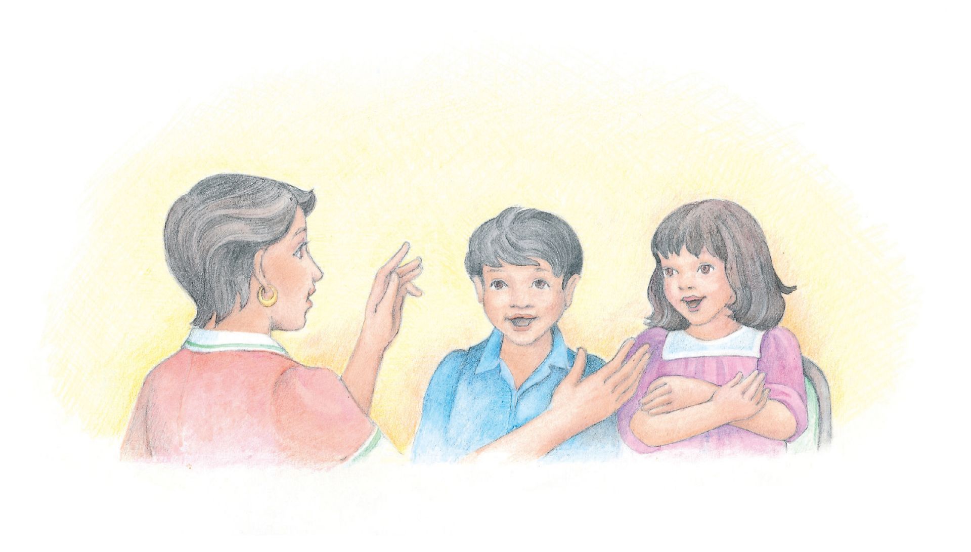 Two singing children being led by a woman. From the Children’s Songbook, page 26, “Reverently, Quietly”; watercolor illustration by Phyllis Luch.