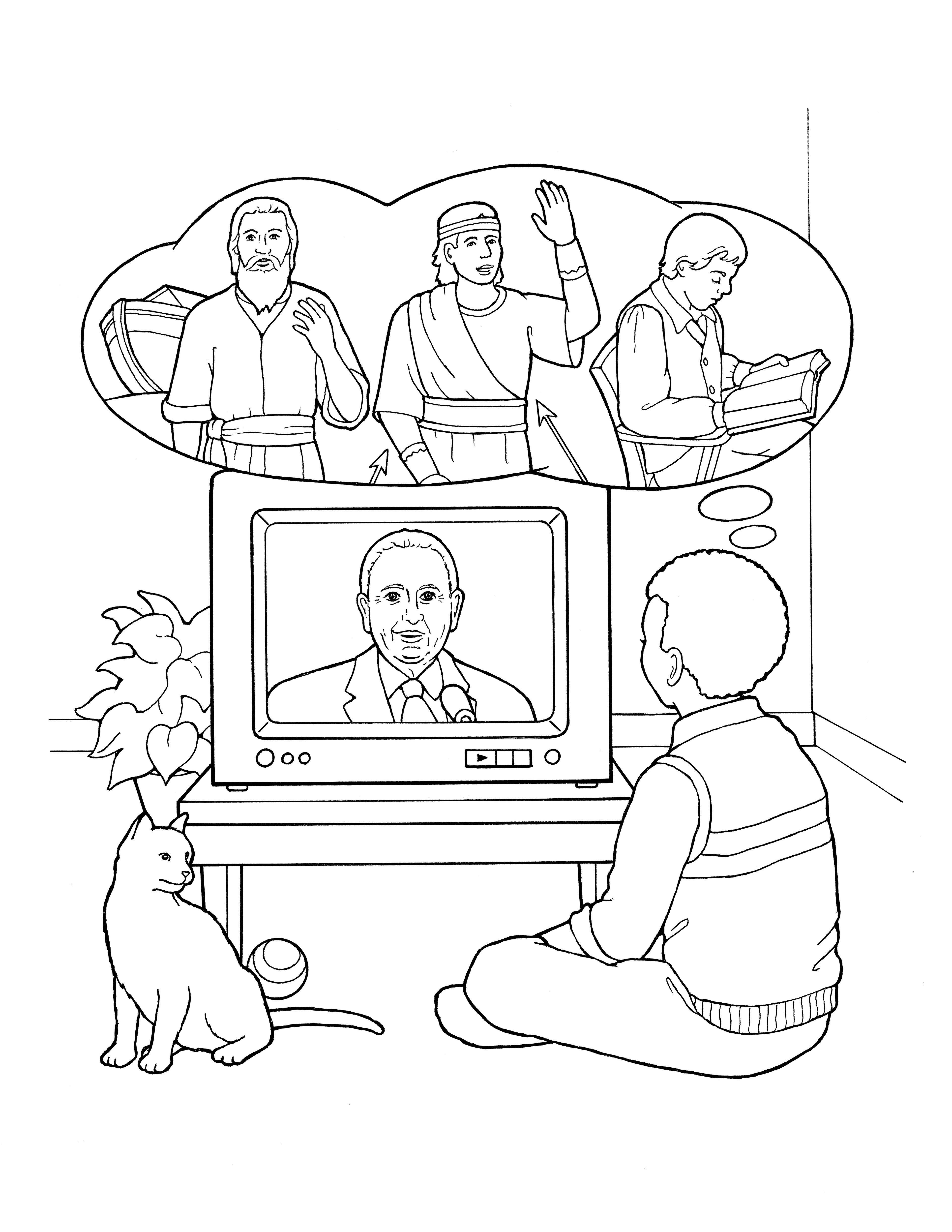 An illustration of children watching Thomas S. Monson speak during general conference.