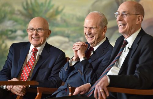 Russell M. Nelson and his counselors during press conference