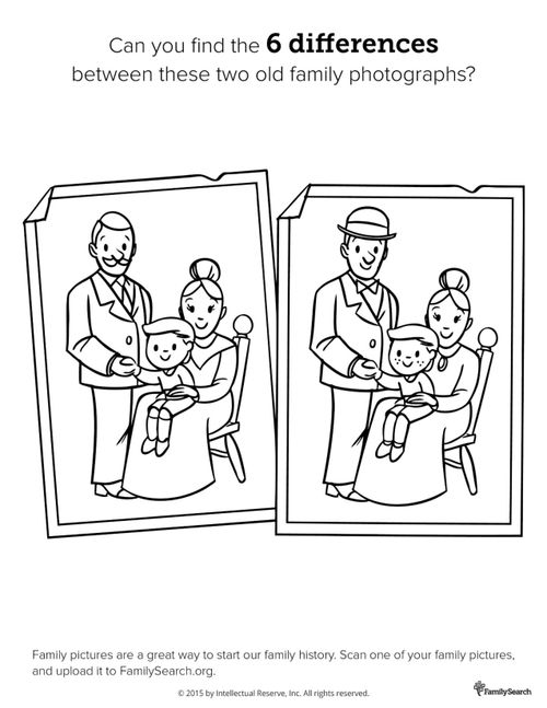 Two black-and-white line drawings of the same old family photograph with a few subtle differences between them.