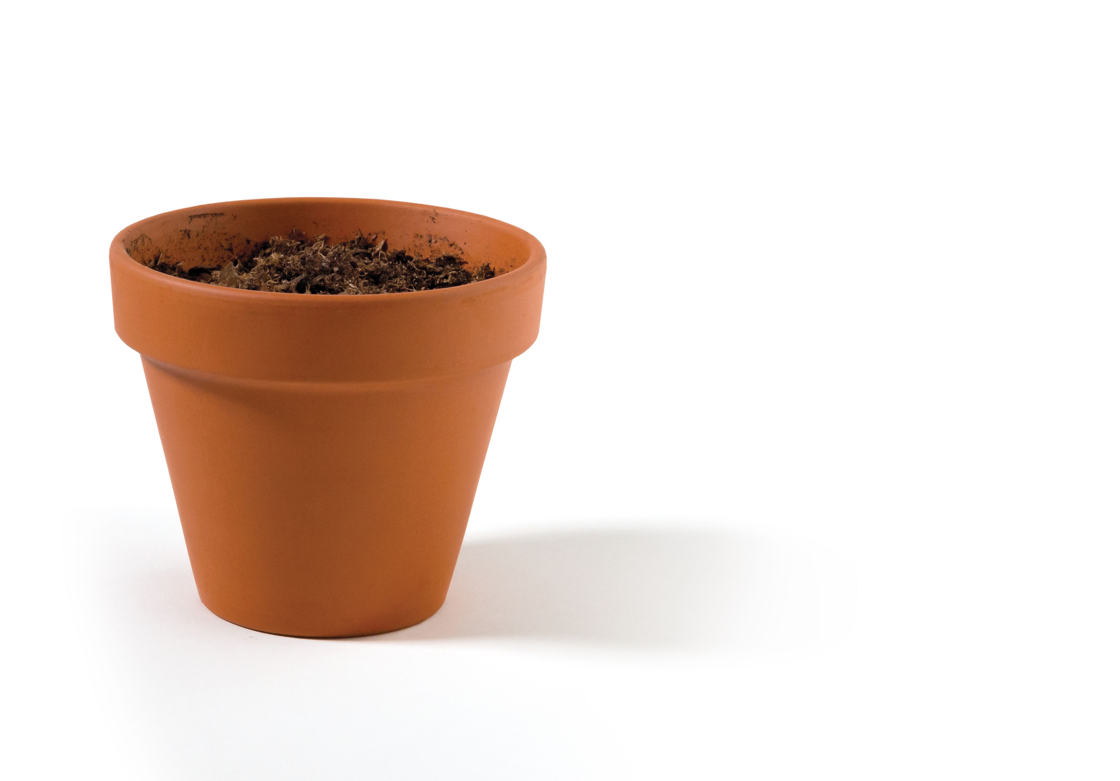 A small terra-cotta pot filled with dirt.