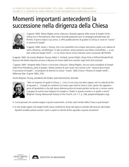 Approfondimento – Momenti importanti antecedenti la successione nella dirigenza della Chiesa