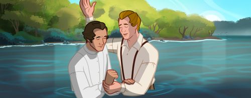 Joseph Smith baptizing Oliver Cowdery in a river.