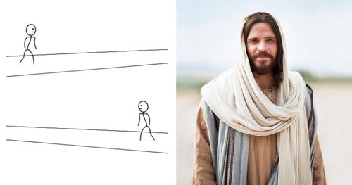 Shows two stick figures, one going toward Christ, the other going away from Christ