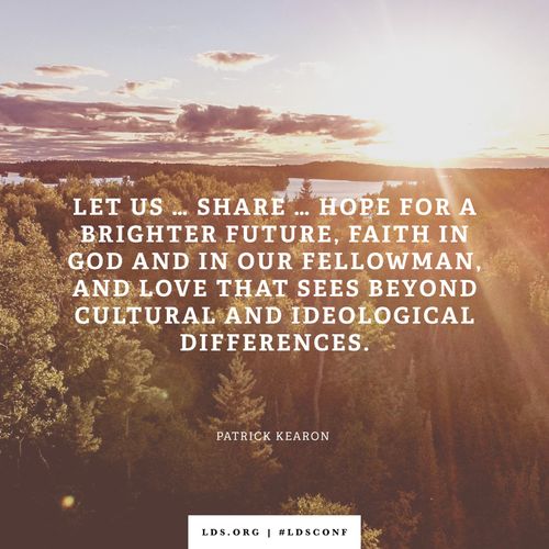 An image of a landscape with trees combined with a quote by Elder Kearon: “Let us … share … hope for a brighter future.”