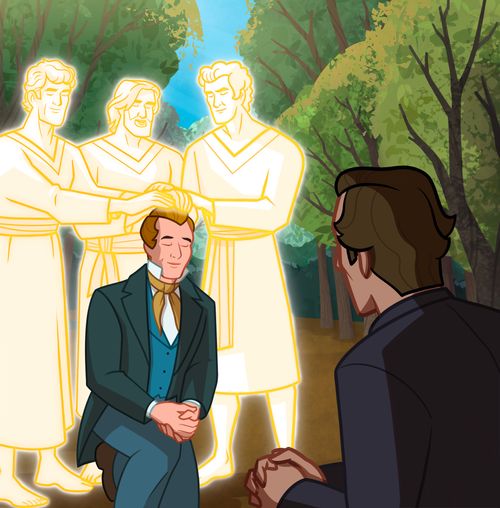 Peter, James, and John give Joseph Smith the Melchizedek Priesthood.