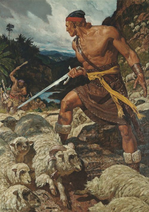 Ammon (Book of Mormon figure) using a sword to defend the flocks of the Lamanite King Lamoni. Scriptural reference: Alma 17:26-39