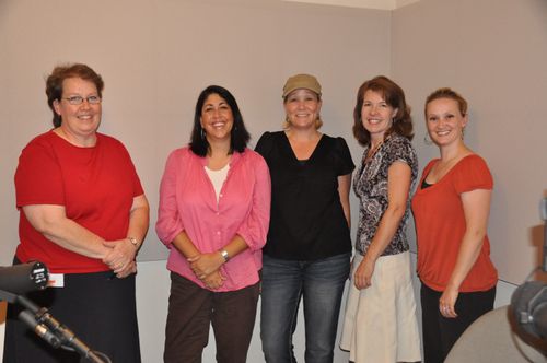 A group of five women in the Mormon Channel studio for a recording of Everything Creative produced by Tamilisa Miner. Host Nancy Hanson stands in the middle with a black shirt.