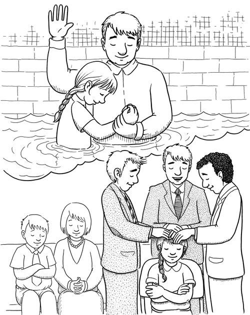 An illustration of a girl getting baptized by her father, and another image of her being confirmed by her father and two other men.