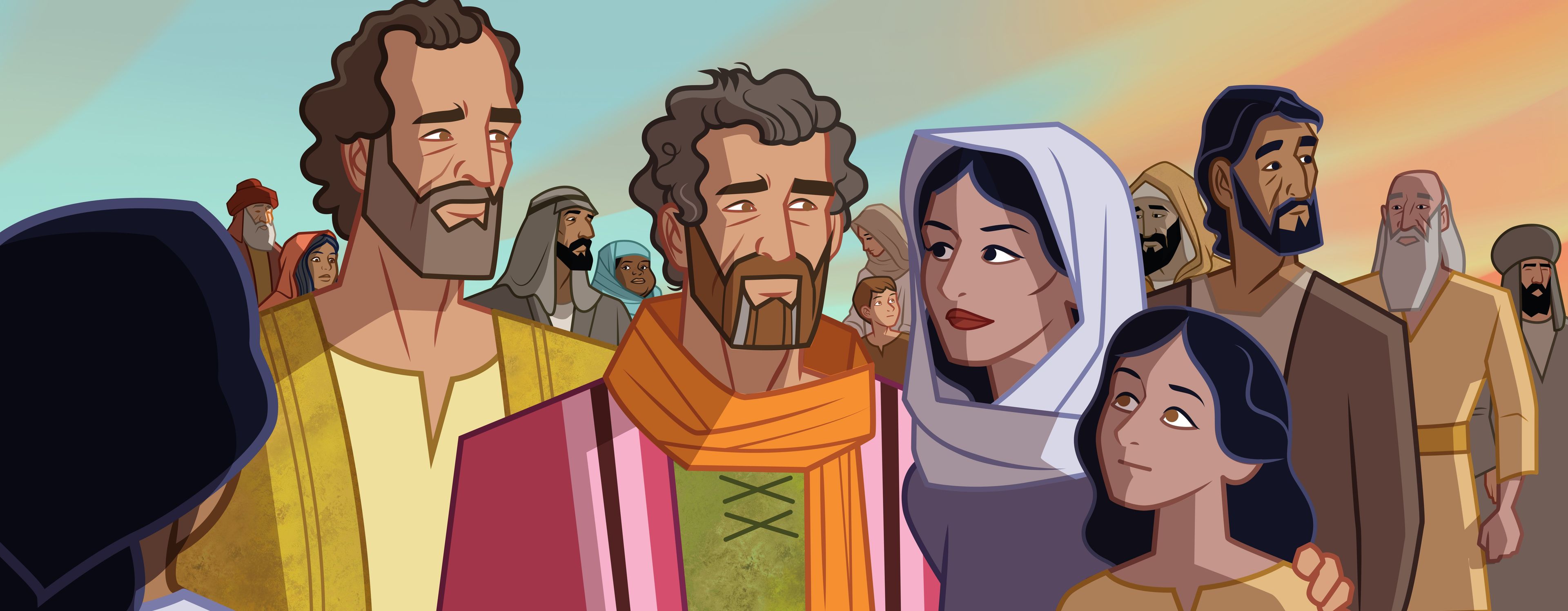 Ilustración de Moisés y su familia. 
Éxodo 11:4–7, 12: 1–13