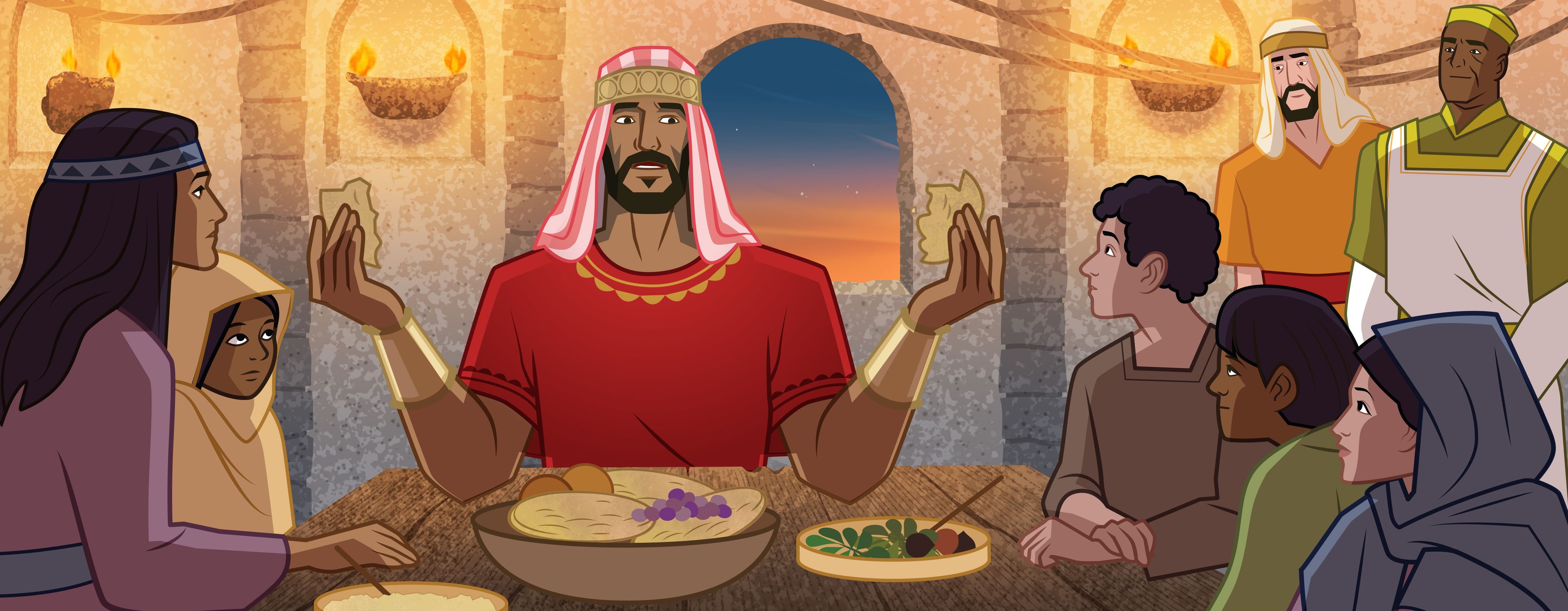 Ilustración del rey Josías en la cena de Pascua. 
2 Crónicas 35:1–19