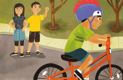 parents waving as boy rides bike