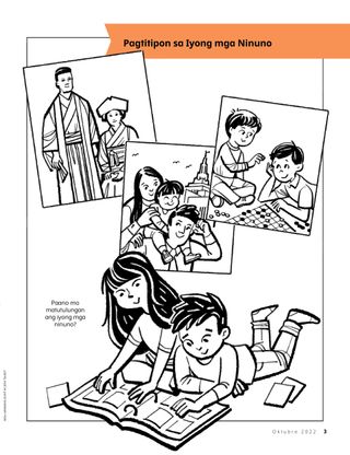 coloring page of children looking at family photos